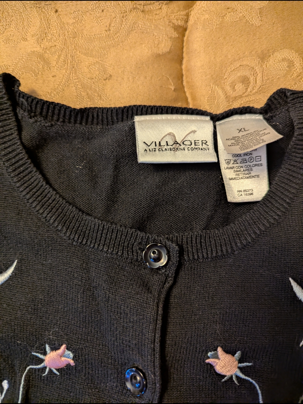 Liz Claiborne Black Cardigan with Pink Floral Embroidery - Picture 2 of 2